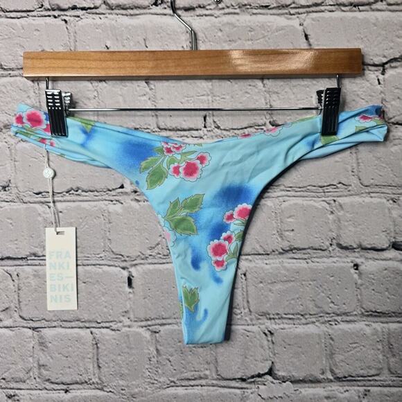 Frankies Bikinis Dexter Thong Bikini Bottom Blue Floral Print New Size Large - Picture 7 of 10